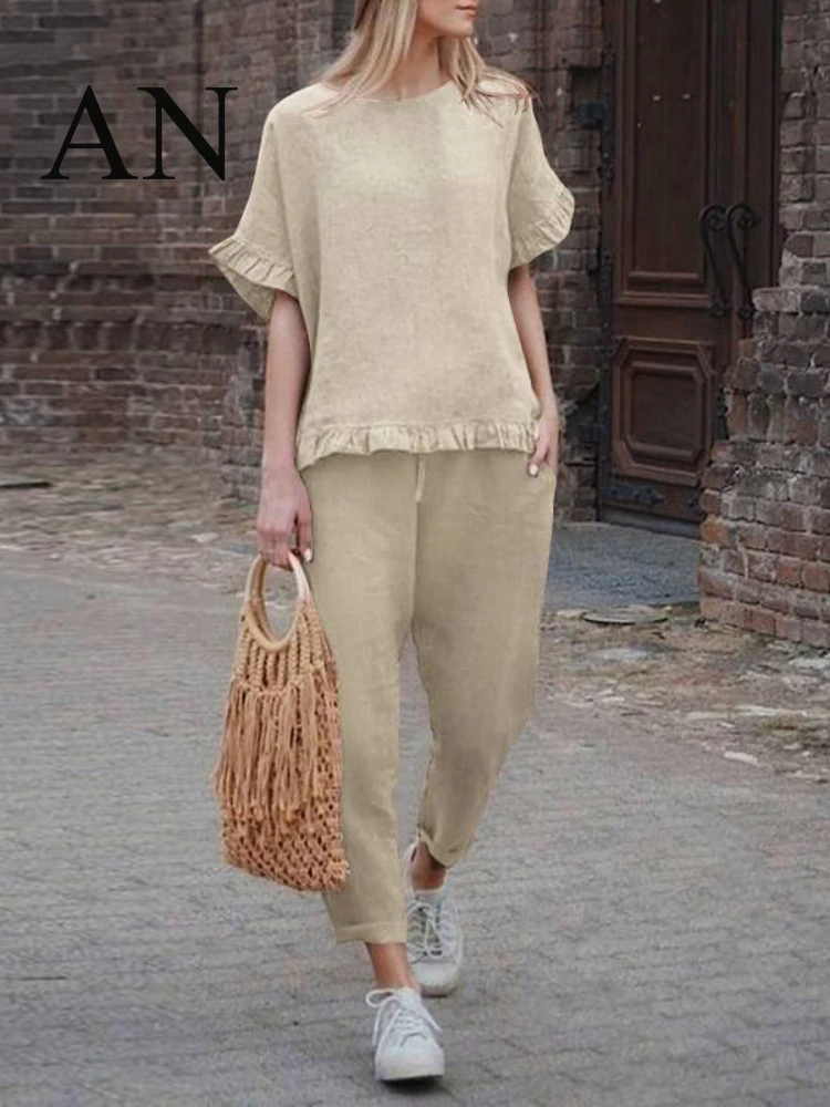 

2022 Solid Color Pants Set Cotton Hemp Casual Long Sleeve Loose T-shirt Lace Up Wide Leg Pants Two Piece Set Set Woman 2 Pieces