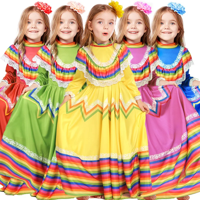 

New Mexican Ethnic Dance Baby Girl Dress Long Sleeve Stripe Princess Halloween Costume Six One School Stage Costume Francy Cloth