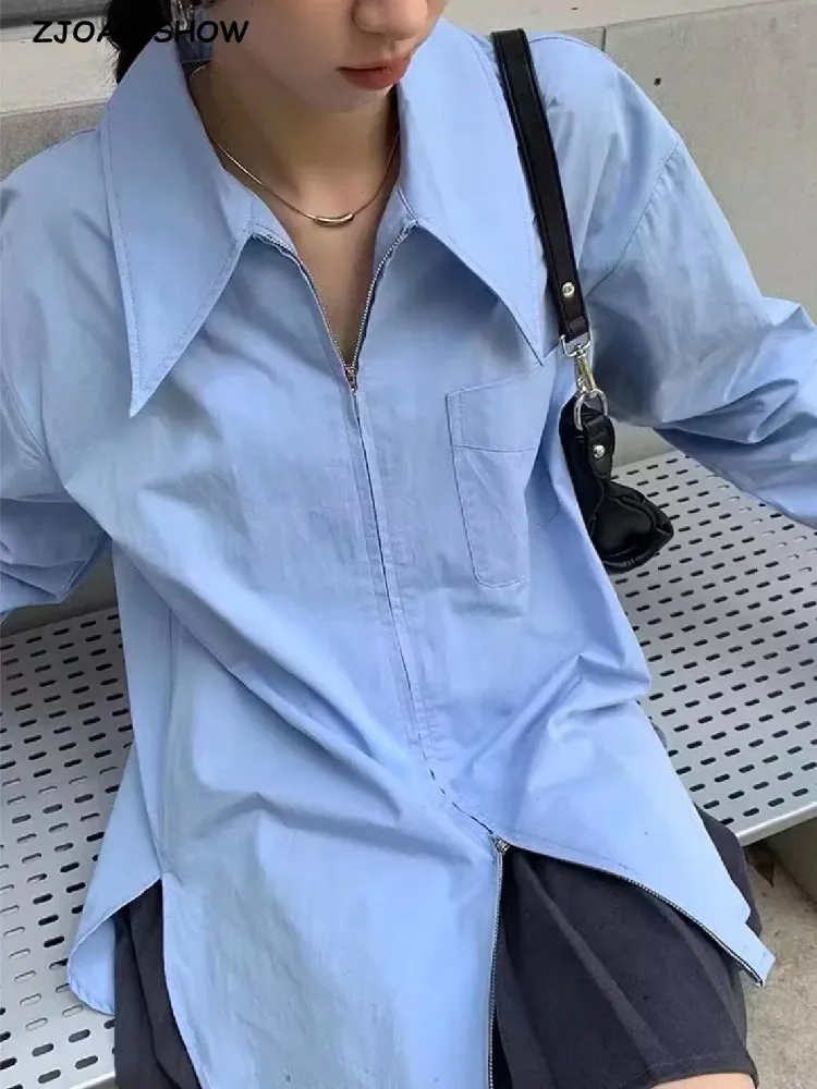 

Женская рубашка с острым воротником, голубая блузка с отложным воротником и пышными рукавами на двойной молнии, свободные топы, 2022