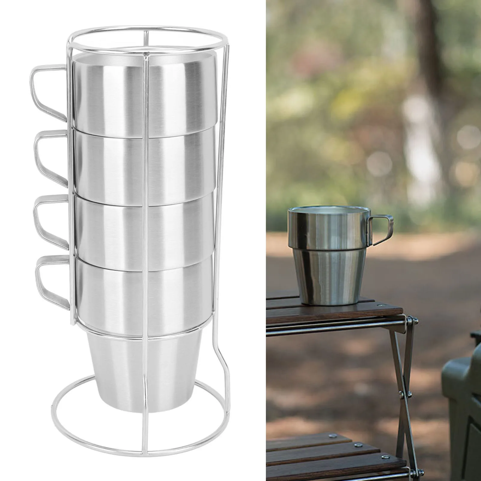

300ml Stackable Coffee Cups with Stand Stainless Steel Double Layer Outdoor Picnic Tea Coffee Mugs Set for Juice Water