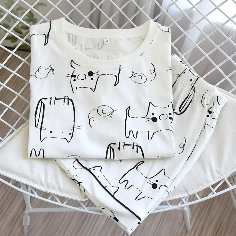 Round Neck Short Sleeves Knitted Cotton Pajamas Set For Women Cartoon Pyjamas Pijamas Set Summer Soft Sleepwear