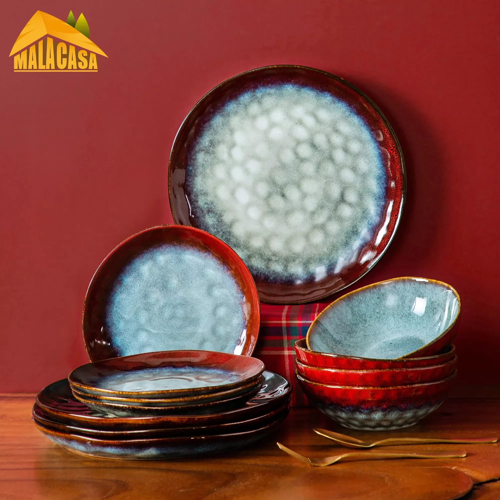 

Starry 12/24/36-Piece Dinner Set Vintage Look Ceramic Red Stoneware Tableware Set with Dinner Plate,Dessert Plate,Bowl