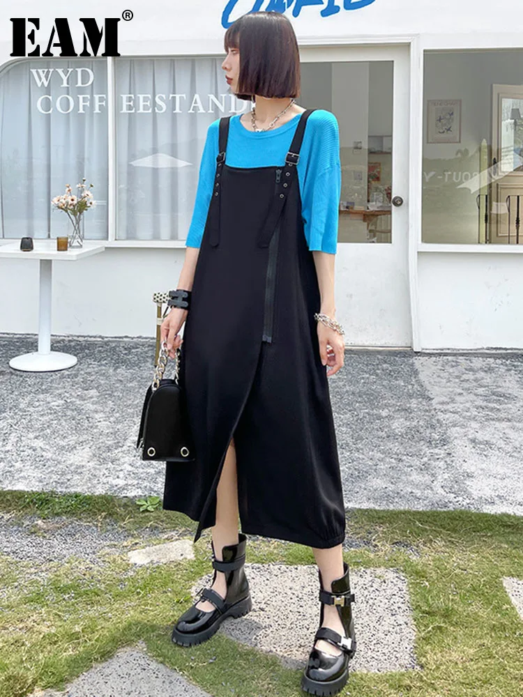 

[EAM] Women Black Irregular Zipper Slit Long Strap Dress New Square Collar Sleeveless Fashion Tide Spring Summer 2022 1DE7510
