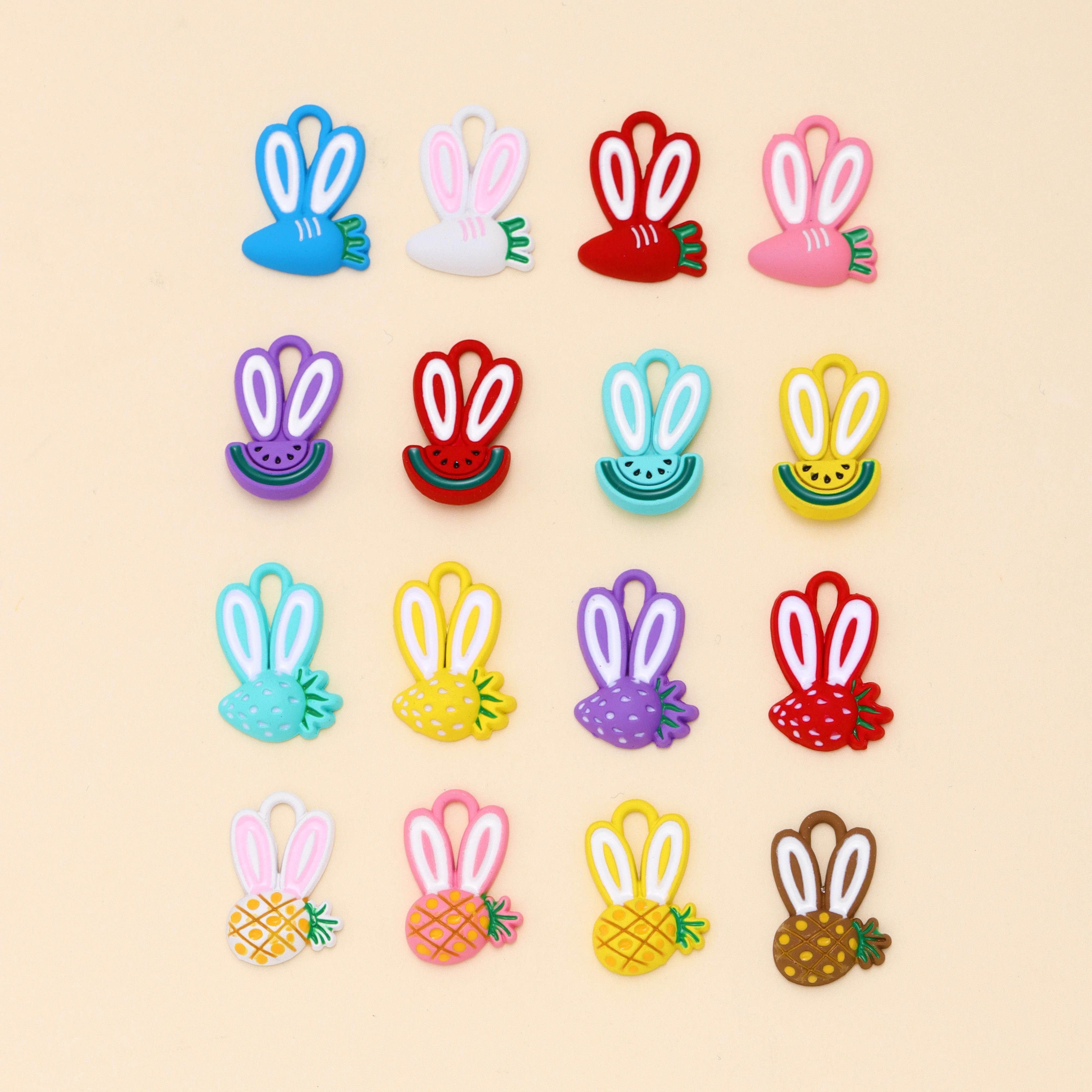 

10Pcs Mix Multicolor Cartoon Rabbit Ears Charms Pineapple Strawberry Watermelon Carrot Fruit Pendant Jewelry Making Accessories