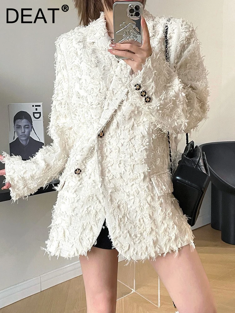 

DEAT Fashion Women's Blazer Notched Collar Single Breasted Full Sleeve Fringed Fringe Beige Suit Jackets Summer 2023 New 17A8884