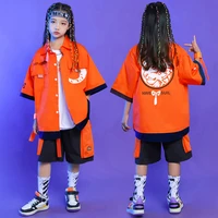 kid kpop hip hop clothing orange print oversized shirt top summer casual cargo shorts for girl boy jazz dance costume clothes