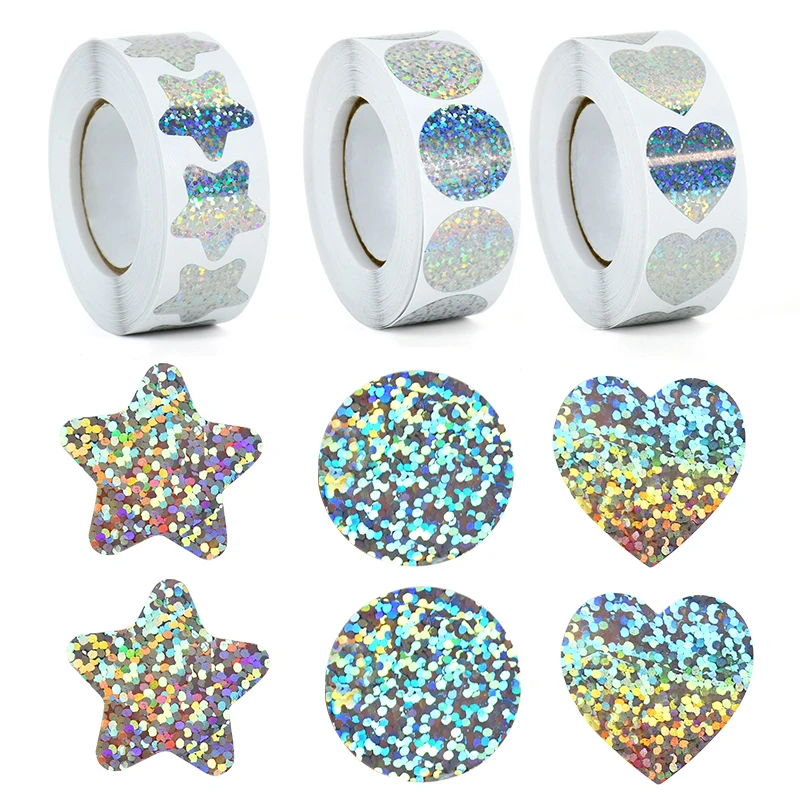 

500pcs Exquisite Laser Sticker Love Heart Star Round Stationery Sticker for Wedding Birthday Party Decoration Gift Sealing Label