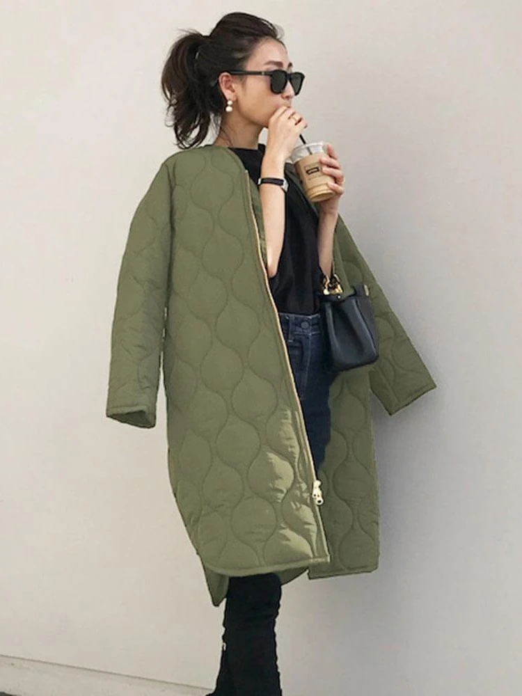 Women's Winter Jacket 2023 Zipper Green Loose Warm Plaid Top V-Neck Casual Streetwear Light Long Quilted Coats Female Cardigan