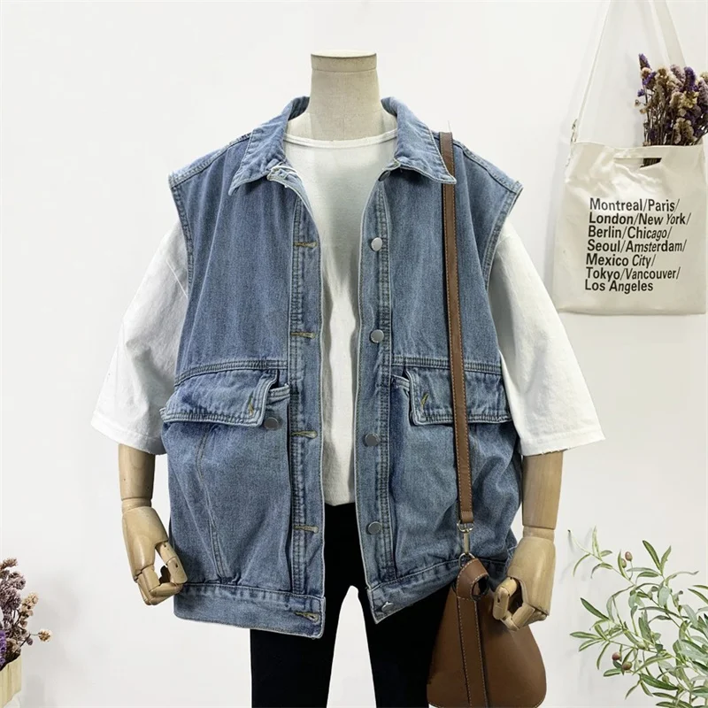 

Spring Summer Women Vintage Blue Denim Vest Loose Big Pocket Lapel Sleeveless Cowboy Waistcoat Outwear Female Casual Veste Femme