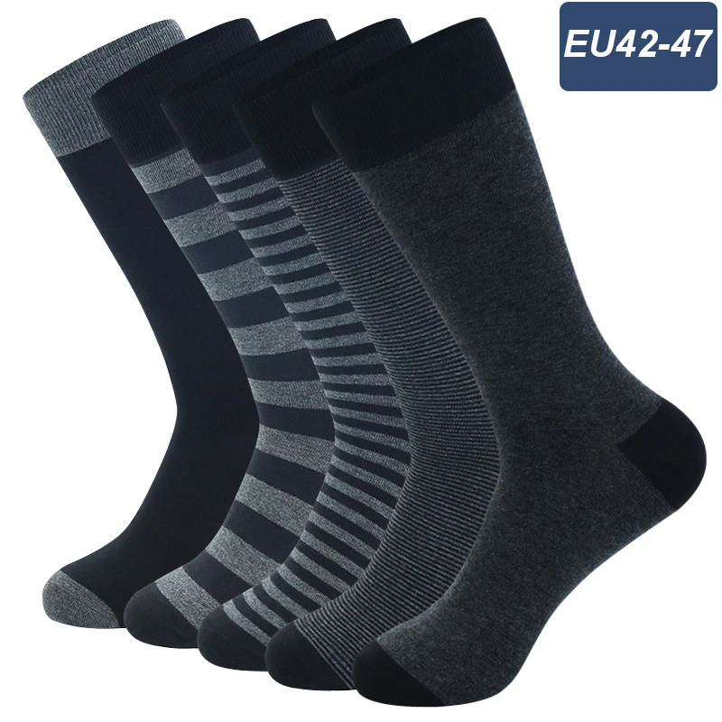 Men Large Size Fashion Business Sports Socks 1 Pairs High Quality Stripe Black Gray Comfortable Warm Cotton Socks Size EU 42-48