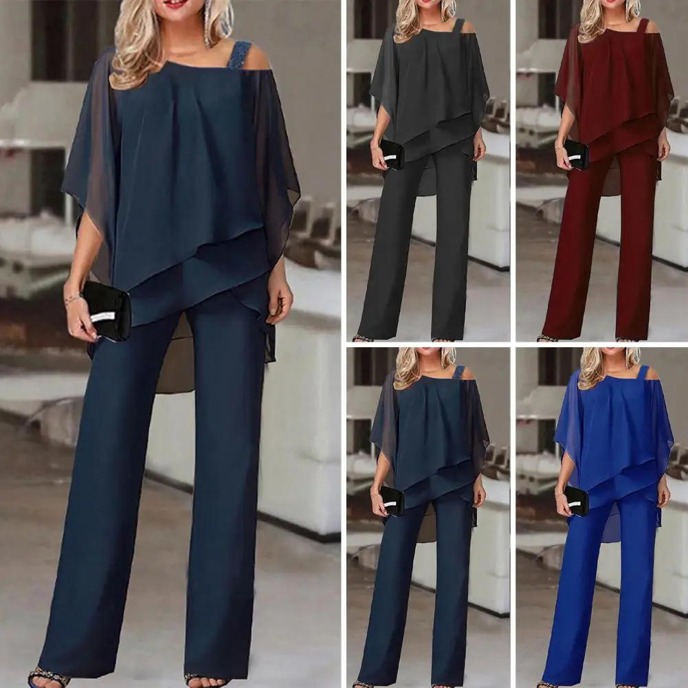 

Irregular Hem Tops Sling Long Romper Set Chic Office Lady Jumpsuit Elegant Off Shoulder Batwing Sleeve Tops Wide Leg Sling