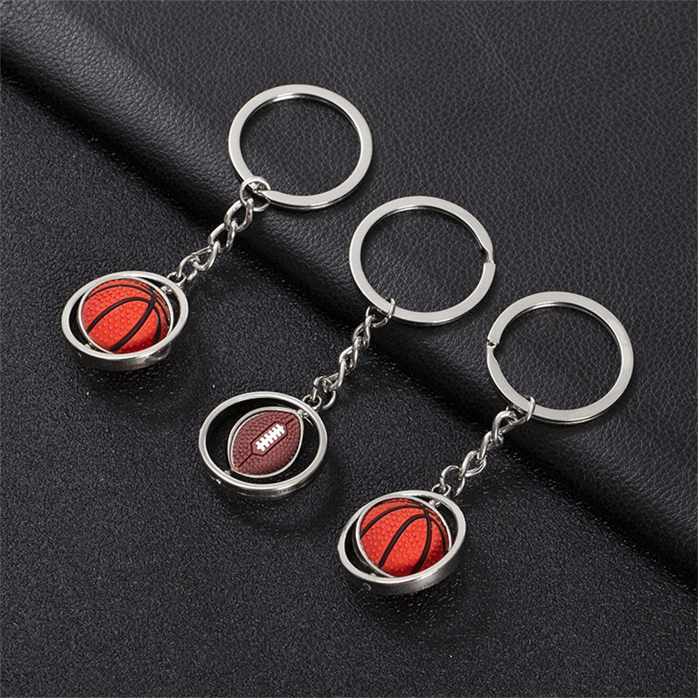 Rotating Mini Ball Keychain Basketball Football Golf Rugby Baseball Sport Key Ring Pendant Car Bag Metal Ball Ornament Boys Gift