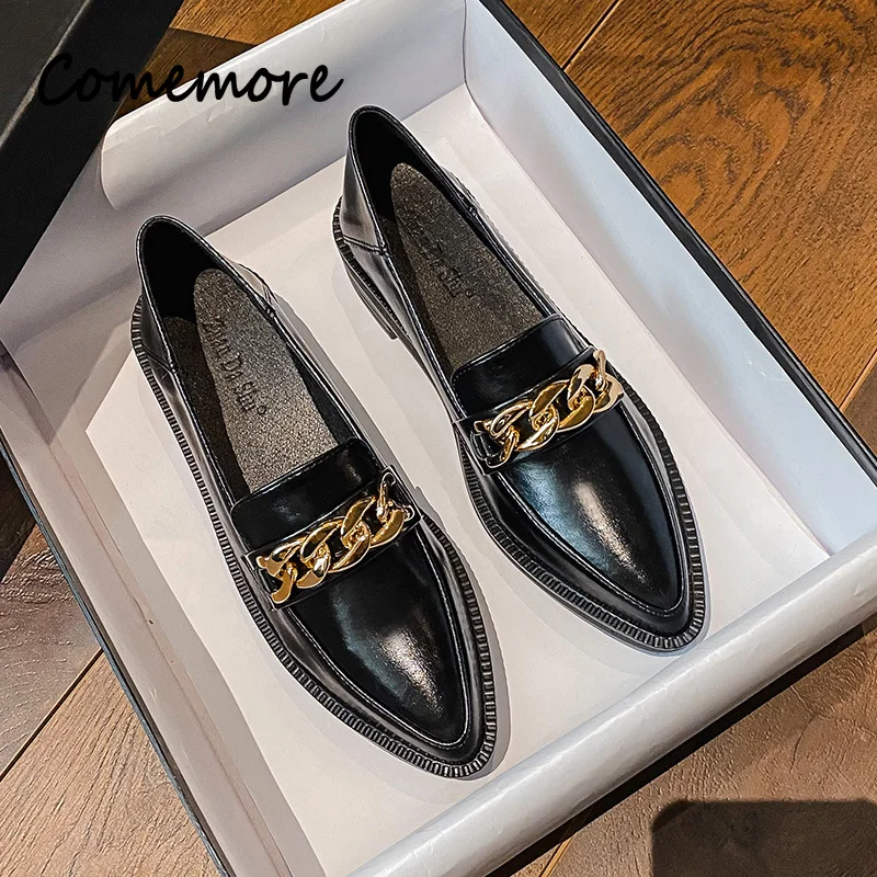 Comemore Plus Size 42 Oxford Shoes Woman Loafers 2023 Leather Flats Chains Sneakers Trend Girls Lolita Medium Heels Flats Spring