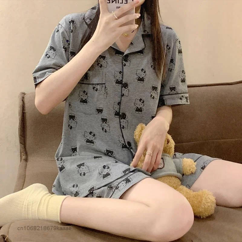 Sanrio New Pajamas Hello Kitty Summer Home Clothes Cotton Suit Women Soft 2 Piece Set Y2k Cardigan Short Sleeve Top Loose Shorts
