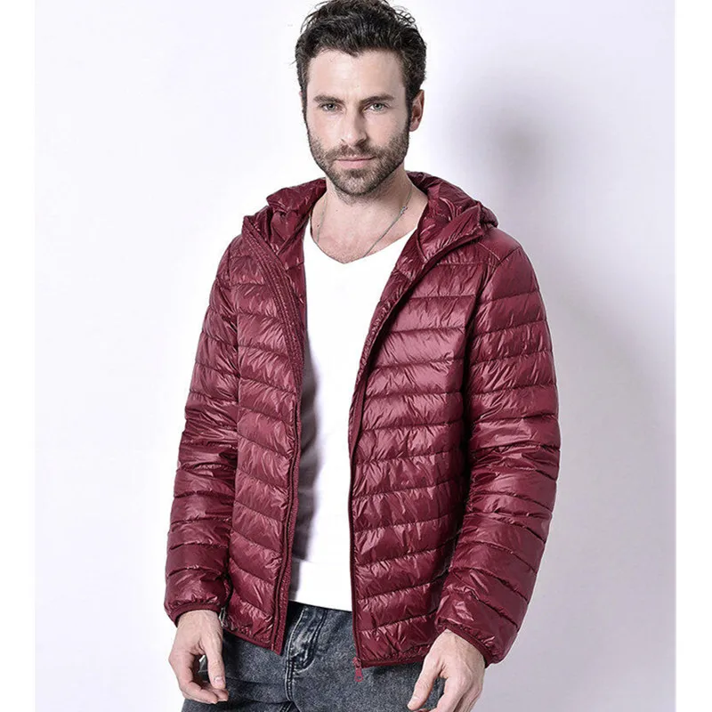 Новый мужской однотонный пуховик с капюшоном черный/винно-красный модные и