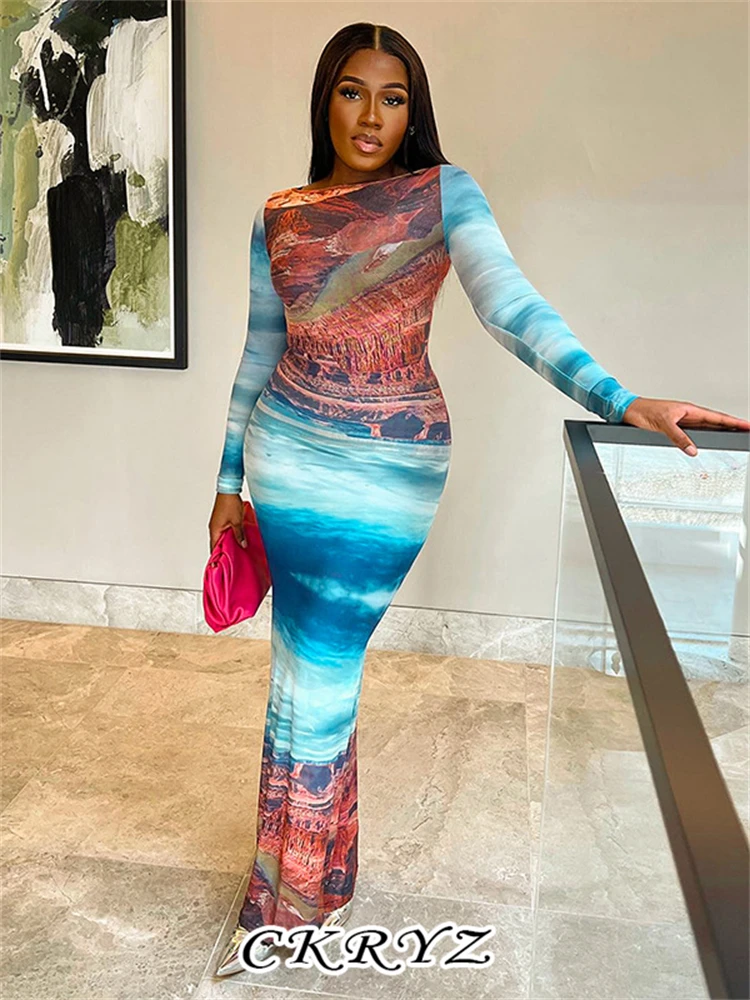 

Ckryz-Women Autumn Tie Dye Print New Fashion Long Sleeve Bodycon Maxi Dresses For Women Evening Party Club Wear Y2K Fall Outfits