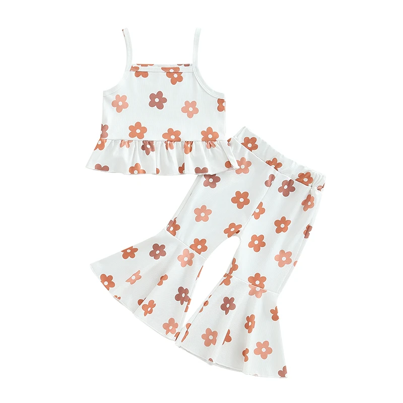 Toddler Girls 2PCS Pants Sets Sleeveless Cami Tops Floral Flared Pants Sets Summer Outfits