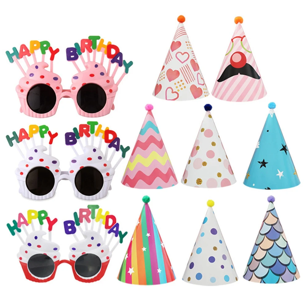 

Party Hats And Glasses Set, Cake Cone Birthday Paper Hats With Pom Poms, Novelty Party Glasses