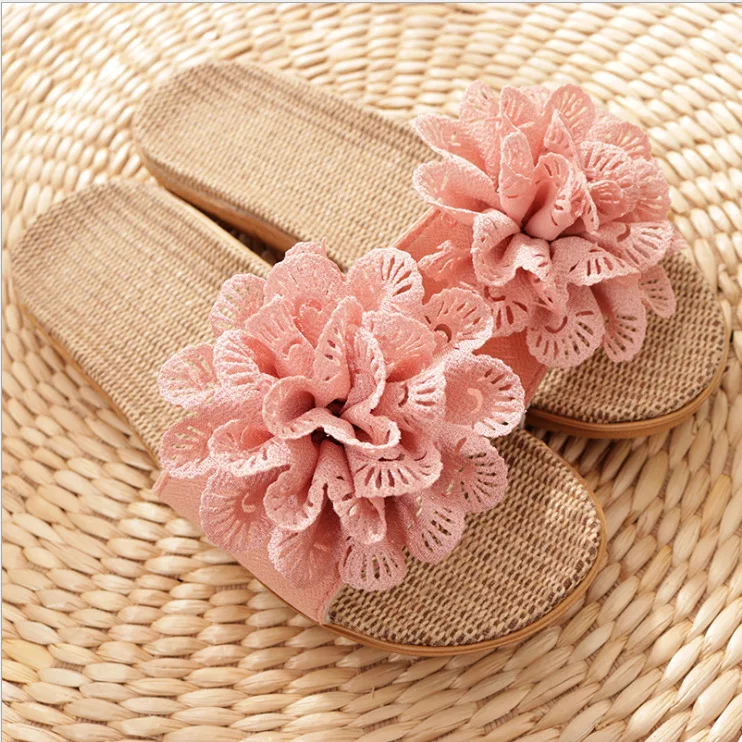 

Fashion Flax Home Slippers Women Floral Comfortable Slip On Bedroom Slippers Womens Beach Non-slip Slapping Shoes Woman Slides