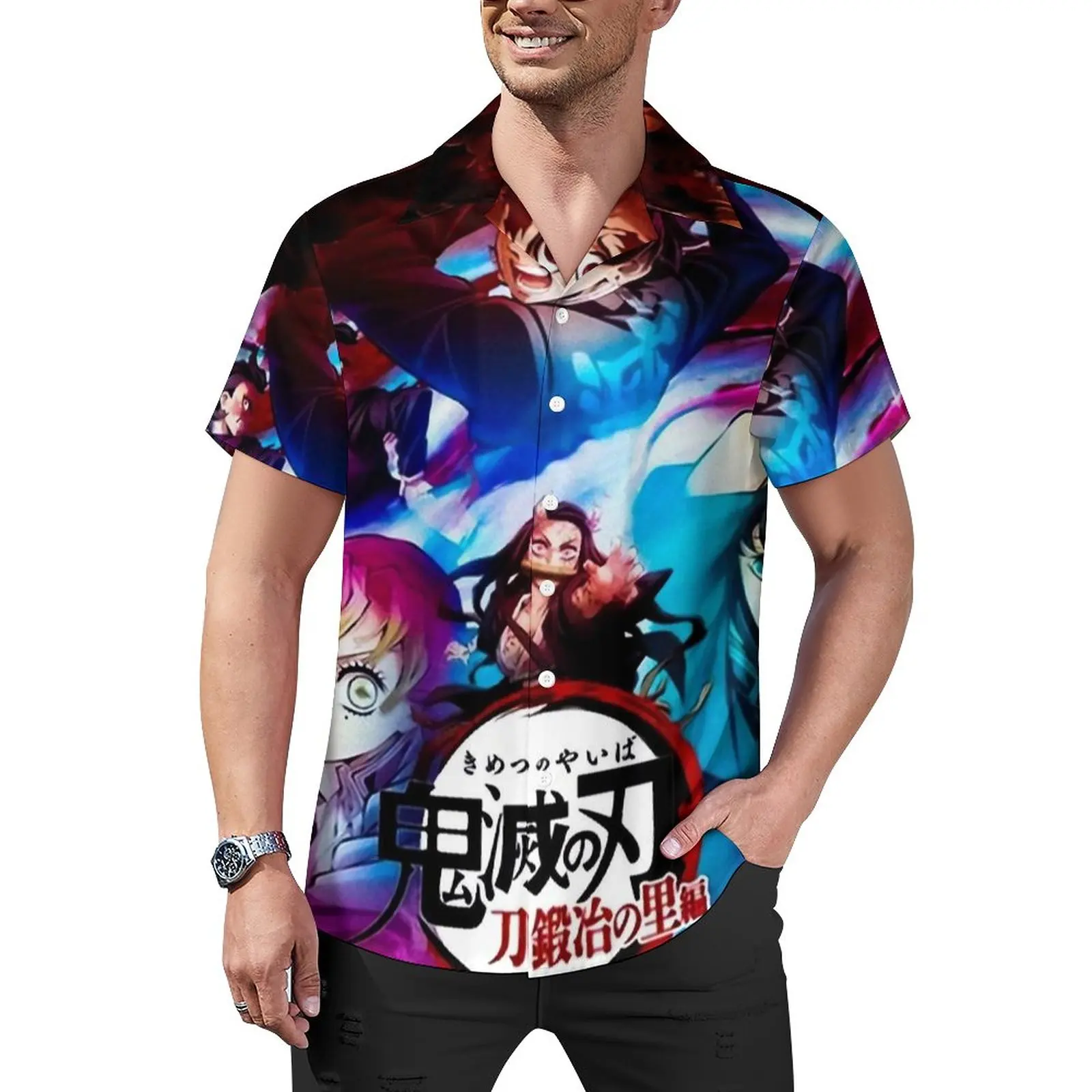 

Demon Slayer Beach Shirt Swordsmith Village Arc Hawaiian Casual Shirts Men Vintage Blouses Short-Sleeved Graphic Tops Plus Size
