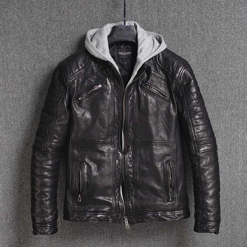 

YR!Free shipping.classic motor biker genuine leather jacket.quality tanning sheepskin coat.vintage Plus size jacket.fashion