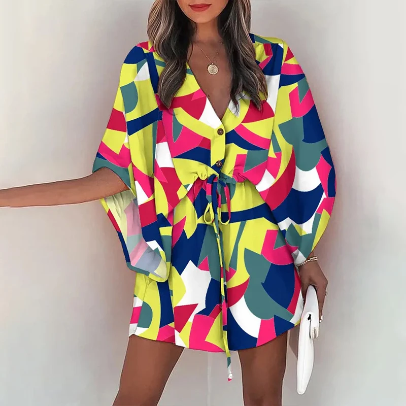 

Casual Boho Beach Vacation Mini Dress Women Summer Print Lace Up Button Batwing Sleeve Dresses for Women's Loose Female Robe