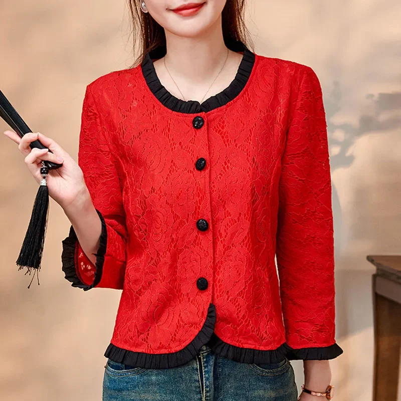 Модные куртки с рюшами белая черная женская куртка в китайском стиле кружевная