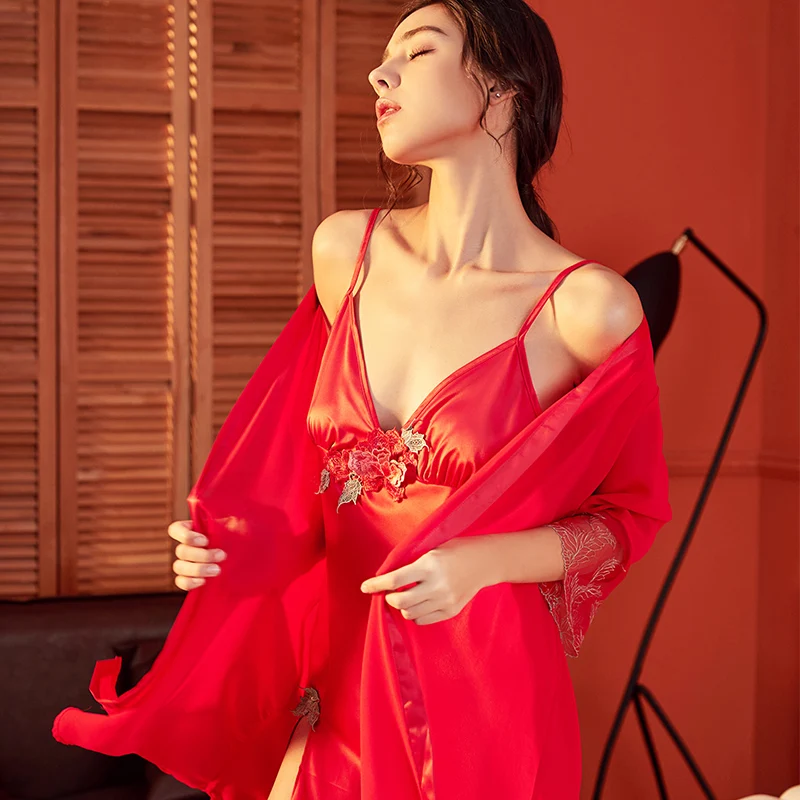 Sexy Backless Silk Night Gown Transparent Chiffon Robe for Women Luxury Sexy Sleepwear Embroidered Robe Gown Set DropShipping