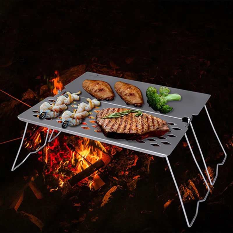 

Camping Titanium Grill Frying Plate Outdoor Steak BBQ Healthy Non-toxic Titanium Grill Net Charcoal Gridiron with Folding Handle