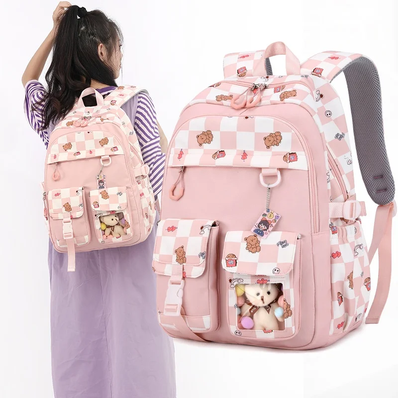 Grade 3-6 Children Cute Fashion Lattice Trolley Backpacks New Girls Sweet Light High-capacity Panelled School Bags Drop Shipping