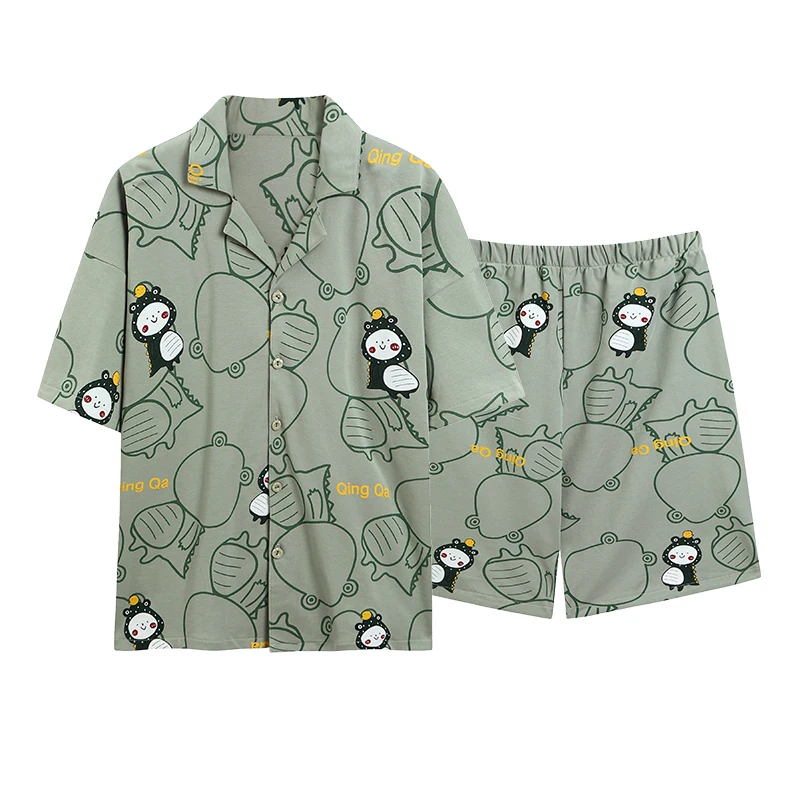 CAIYIER Cotton Couple Pajamas Set Summer Cardigan Short Sleeve Soft Men &Women Loungewear Sweet Cartoon Dinosaur Lover Nightwear