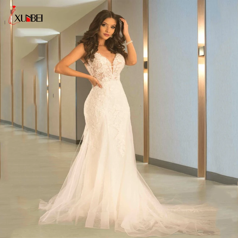 

Bridal Robes Mermaid Wedding Dresses SleeveLess Lace V Neck Bridal Gowns Vestidos De Novia Mariage Dresses