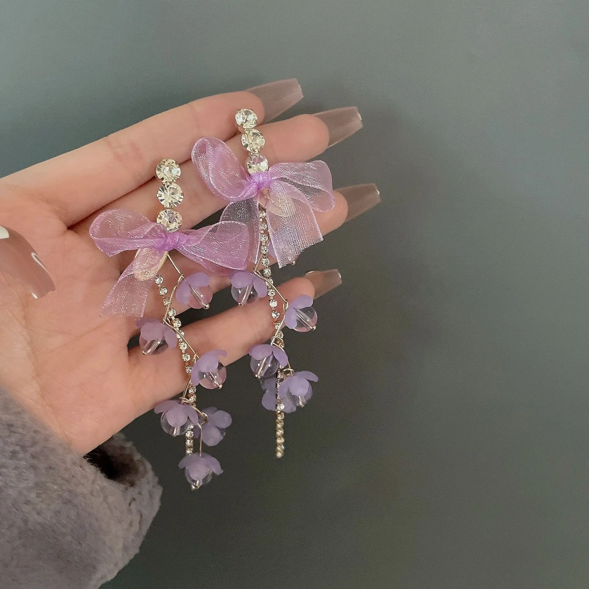 

Chiffon Bow Ribbon Long Tassel Silver Pin Sweet Earrings For Girls