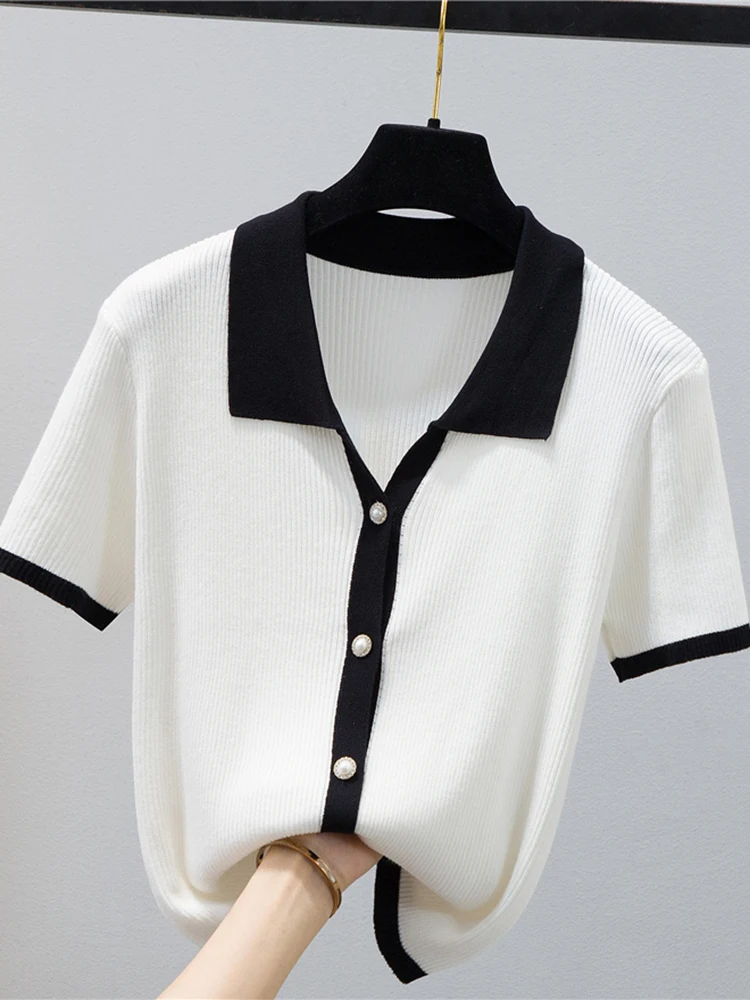 

Cardigan Femme 2022 Summer Thin Sweater Women Vintage Clothes Contrast Color Turn-down Collar Crop Top Knitted Short Sleeve Tops