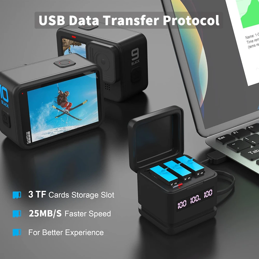 Фото Аккумулятор LVXUAN GoPro9/10/11/12, быстрое зарядное устройство USB и Type-C с функцией устройства чтения карт SD, для черных аккумуляторов GoProHero 9/10/11/12 №2