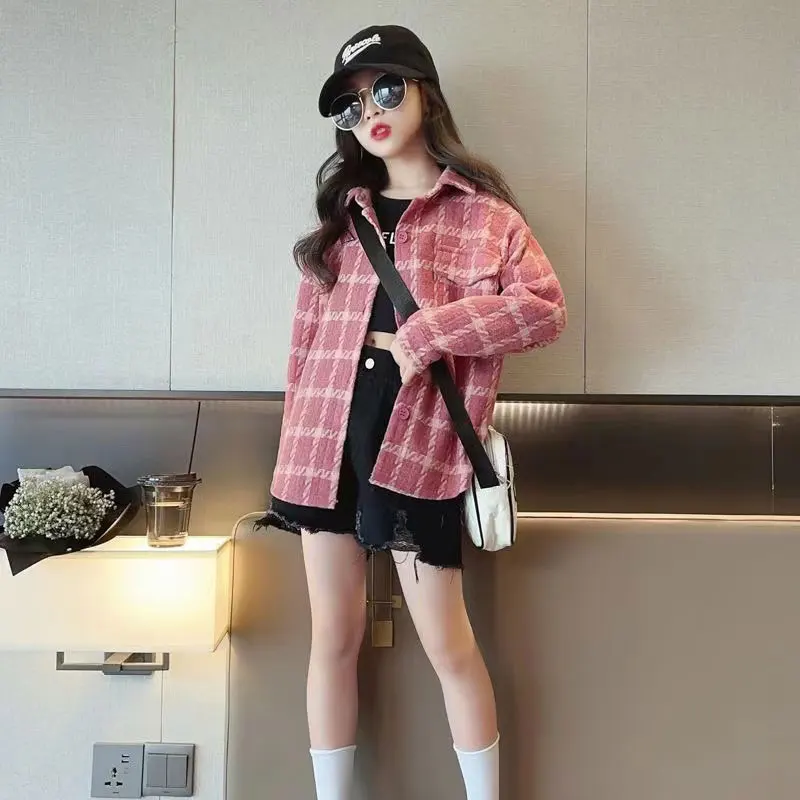 

Age 4-14 Years Spring Autumn Girls Turn-down Collar Coat Windproof Children Kid's Plaid Jacket Outerwear Fashion Teenagers Tops