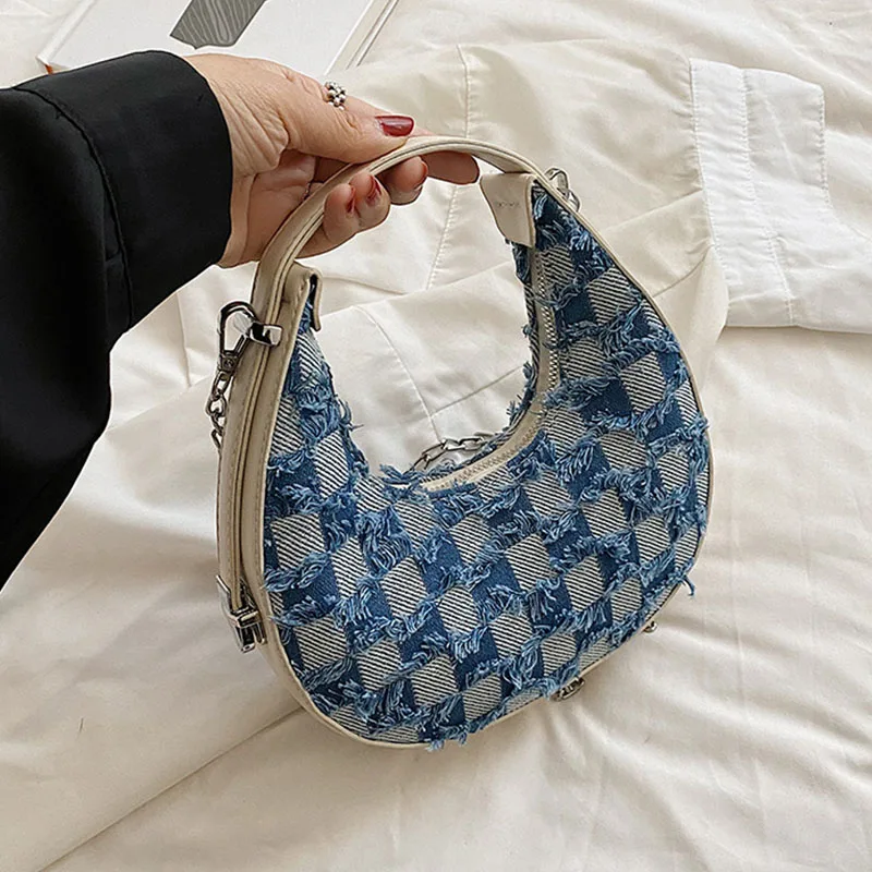 

Trend Tassel Denim Shoulder Bag Women Handbag Retro Half Moon Armpit Bags Designer Chain Crossbody Bag Luxury Clutch Bag Satchel