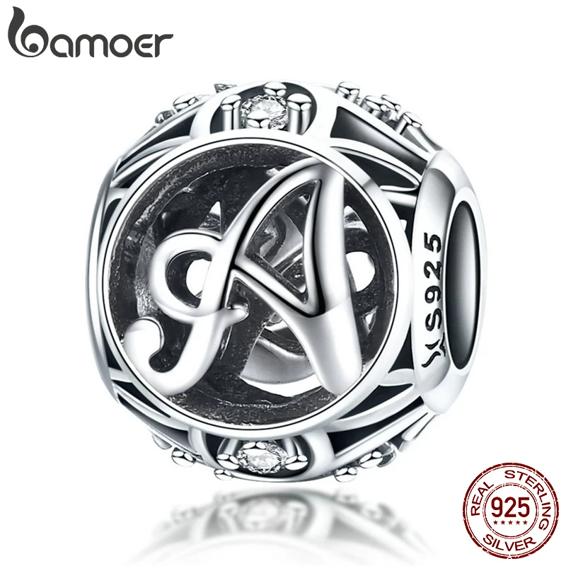 BAMOER 925 Sterling Silver Letter Collection A to Z Alphabet Charms Beads fit Charm Bracelet DIY Jewelry Making