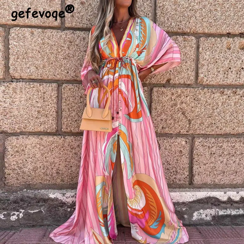 

Vacation Summer Boho Print Sexy V-Neck Split Elegant Party Maxi Dresses for Women Lace Up High Waist Beach Long Dress Robe Femme