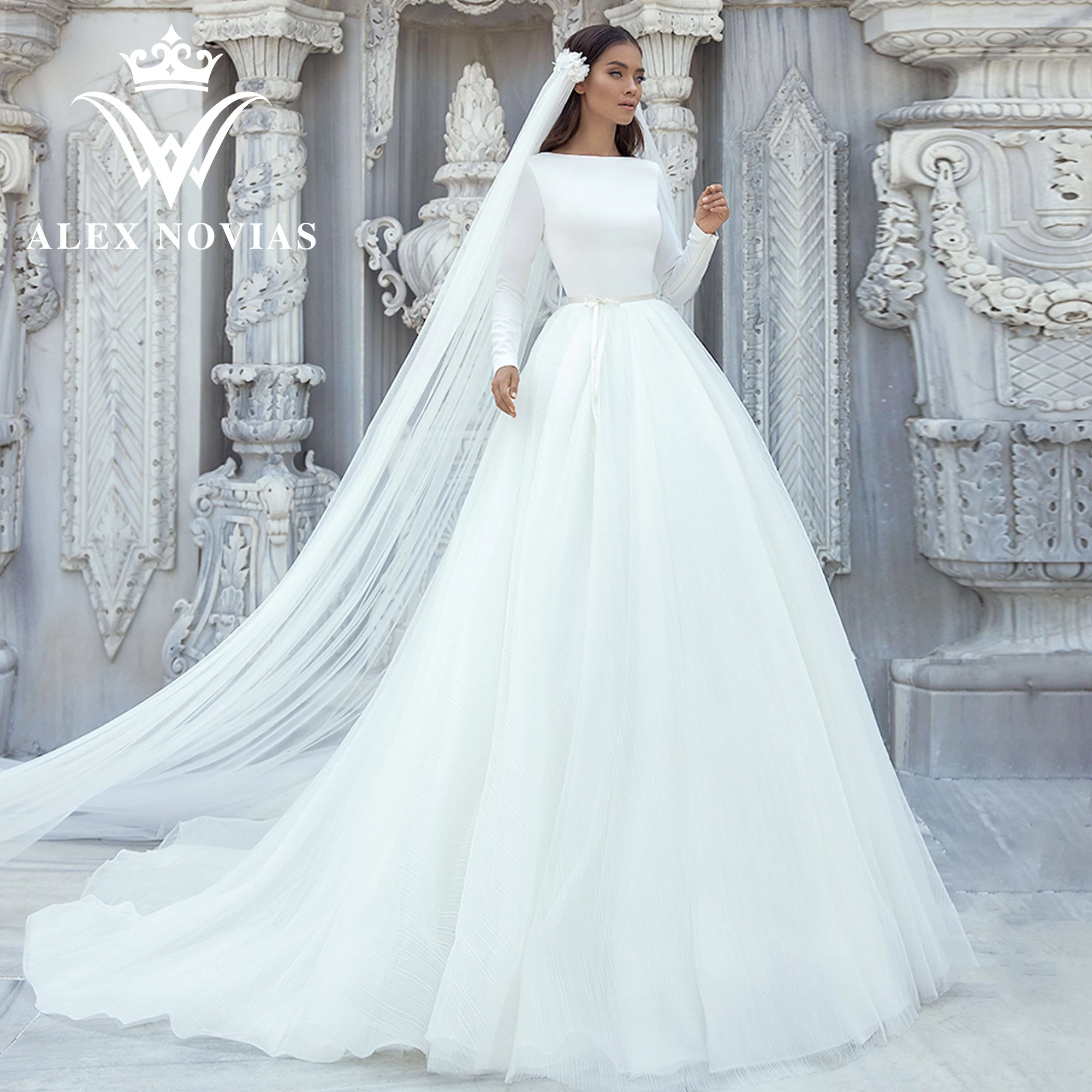 

Бальное платье ALEX NOVIAS с длинным рукавом, свадебное платье 2023, изящное платье с глубоким круглым вырезом и открытой спиной, на молнии, атласное свадебное платье, свадебные платья