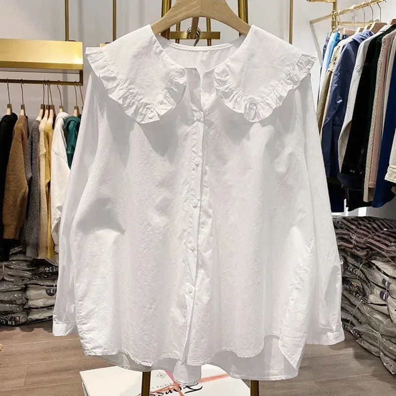 

100% Cotton White Shirt Women 2023 Spring Autumn Korean Style Loose All-match Blouse Kawaii Doll Collar Baggy Shirt Tops Y2k Ins