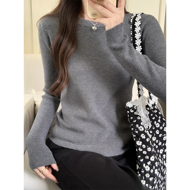 Повседневная однотонная трикотажная базовая рубашка с круглым вырезом женские