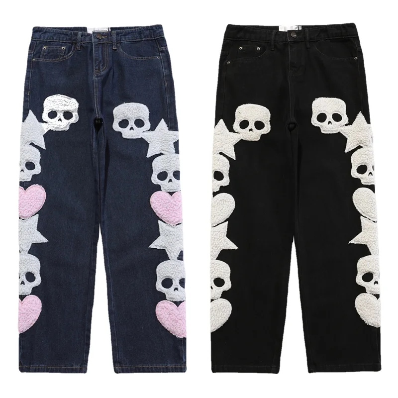 Men's Wear Autumn and Winter Loose Straight Cylinder Jeans Vintage Skeleton Towel Embroidery Comfortable Blue Trousers Female