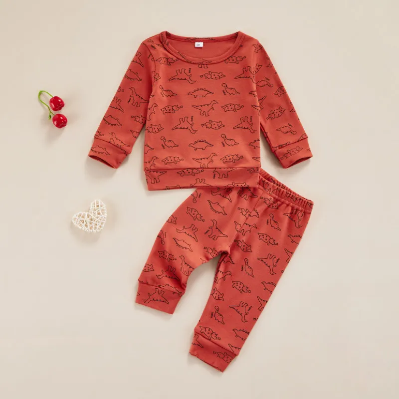 

2 Pcs Newborn Casual Outfits Spring Autumn, Baby Girls Dinosaur Print Long Sleeve Round Neck Sweatshirt + Trousers