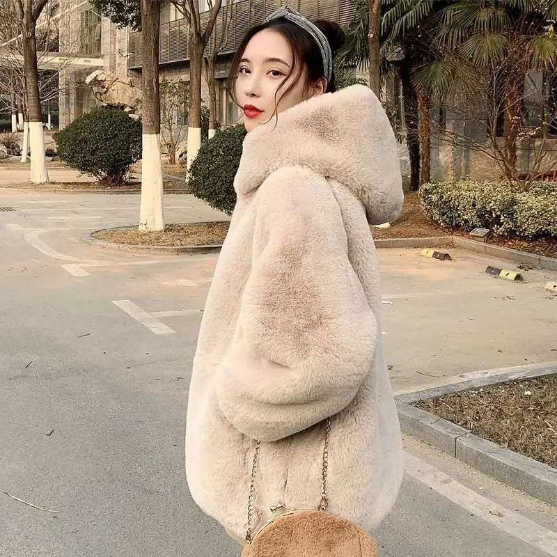 Fur Coat New Women Long Sleeve Winter Fluffy Thick Warm Faux Rabbit Hooded Fur Jacket Coats Black Fashion Outwear High Quality