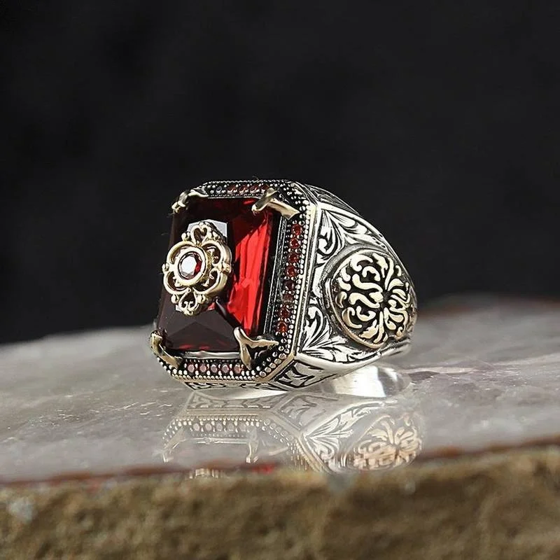 

Retro Handmade Turkish Signet Rings For Men Ancient Silver Color Carved Ring Red Zircon Inlay New Punk Motor Biker Ring