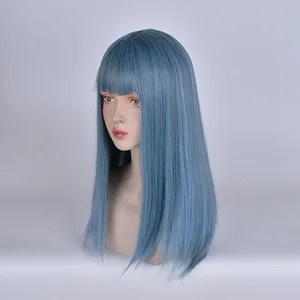 VICWIG Women's Synthetic Hair Cosplay Wig Medium Length Blue Heat Resistant Wig with Bangs