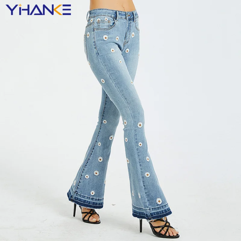 

New Daisy Flower Embroidered Flare Denim Pants Ladies Jeans Spring Autumn Jeans Wide Leg Pants High Waisted Jeans