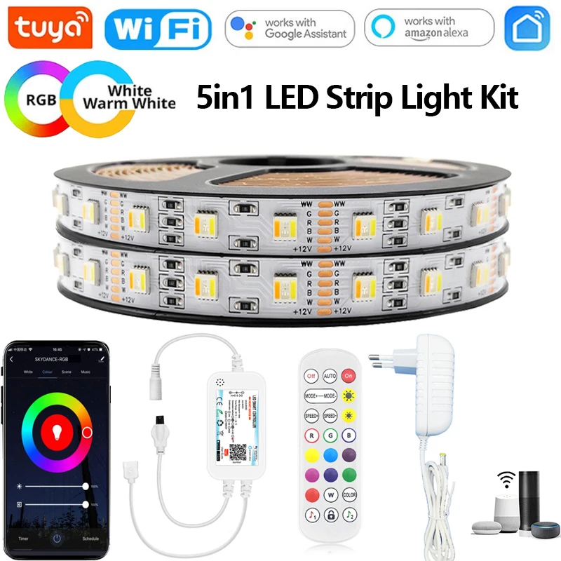 Tuya Wifi 5in1 LED Strip Lights Kit DC12V 5050 RGBCCT RGB+W+WW APP/Voice/Remote Control Smartlife for Alexa Google Home 1M-5M