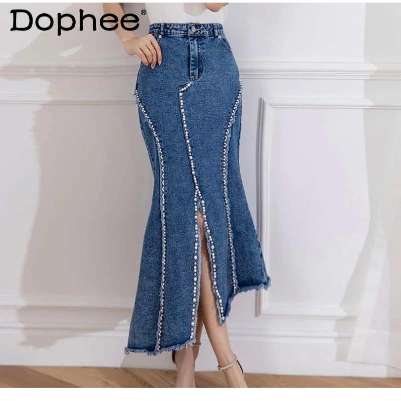 

High-End Summer Denim Skirt Women High Waist Irregular Heavy Industry Beads Frayed Split Fishtail Skirt Slimming Hip Long Skirts